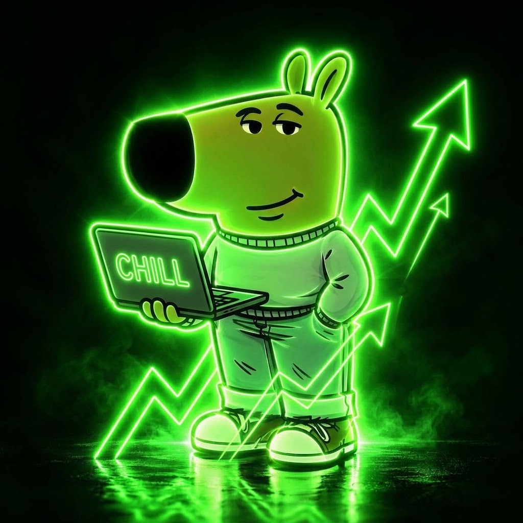 Mascot holding a CHILL laptop in front of rising neon arrows